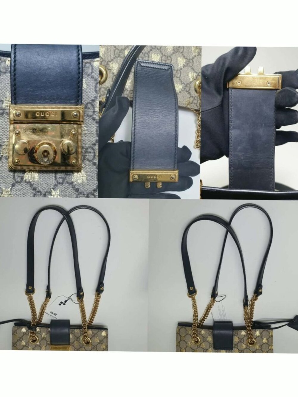 Authentic Gucci Padlock Bee GG Supreme Chain Shoulder Bag Beige Black Gold - Picture 7 of 12